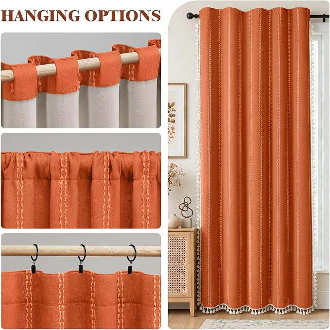 Burnt Orange Boho Blackout Curtains 2 Panels 84 Inch for Living Room Bedroom, Linen Texture Farmhouse Curtains with Tassels and White Cotton Embroidery Vintage Rustic Country Western
