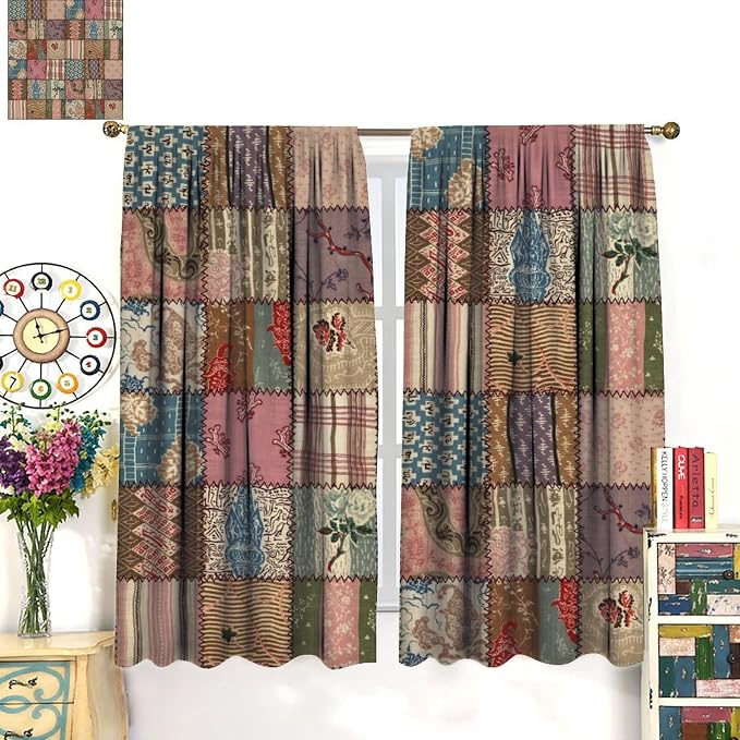 Patchwork Boho Blackout Curtains Colorful Vintage Bohemian Flower Pattern Window Drapes for Bedroom Living Room Kitchen Cafe (W21xL63 Inch) x2 Panels