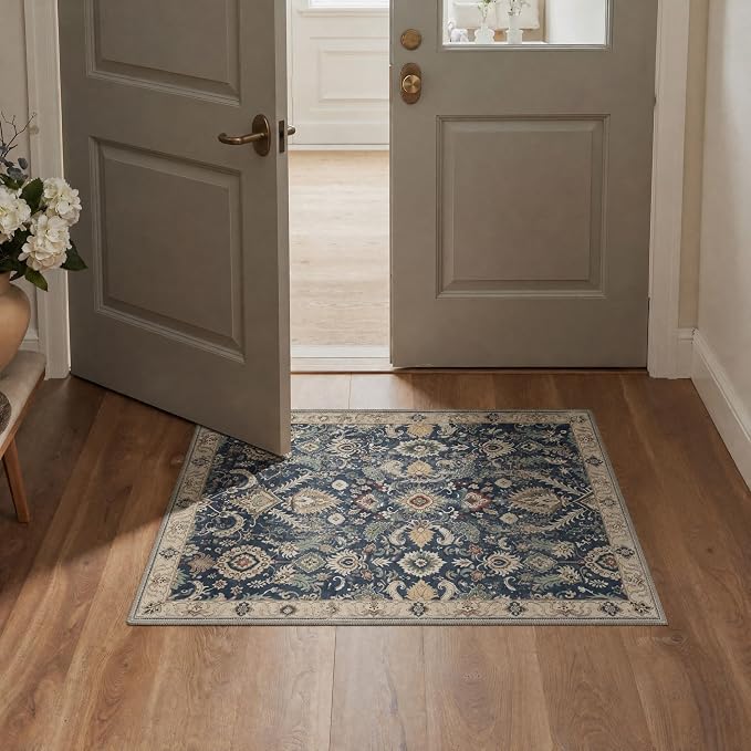 Bavni 2x5 Rug Runners for Hallways, Washable Runner Rug Non Slip, Vintage Floral Floral Rugs for Bedroom, Lightweight Low Pile Carpet for Hallways Bathroom, Muted Navy