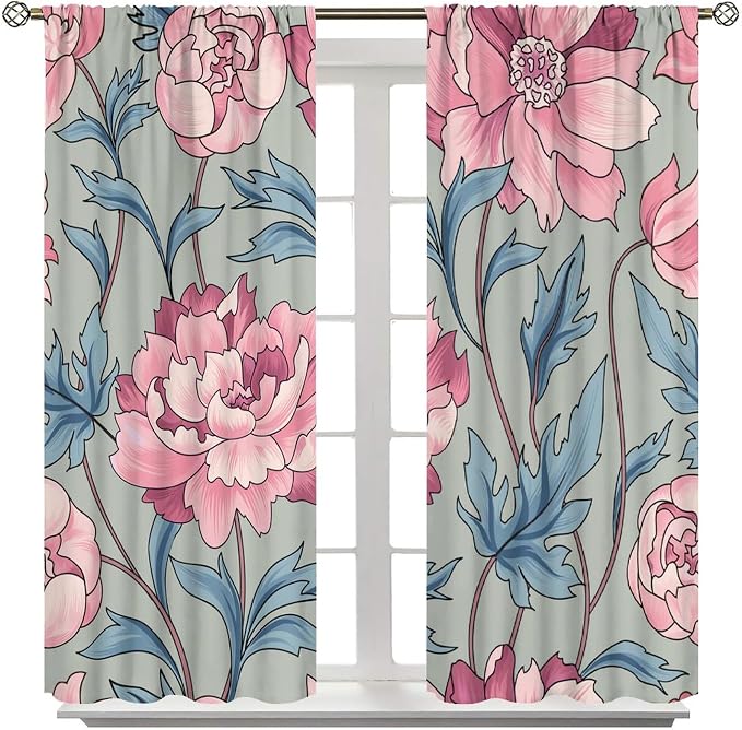 Floral Blackout Window Curtain, Flourish Ornamental Blossom Rose Style Print for Home Kitchen Restaurant Decoration Drapes 2 Panels 84x84in