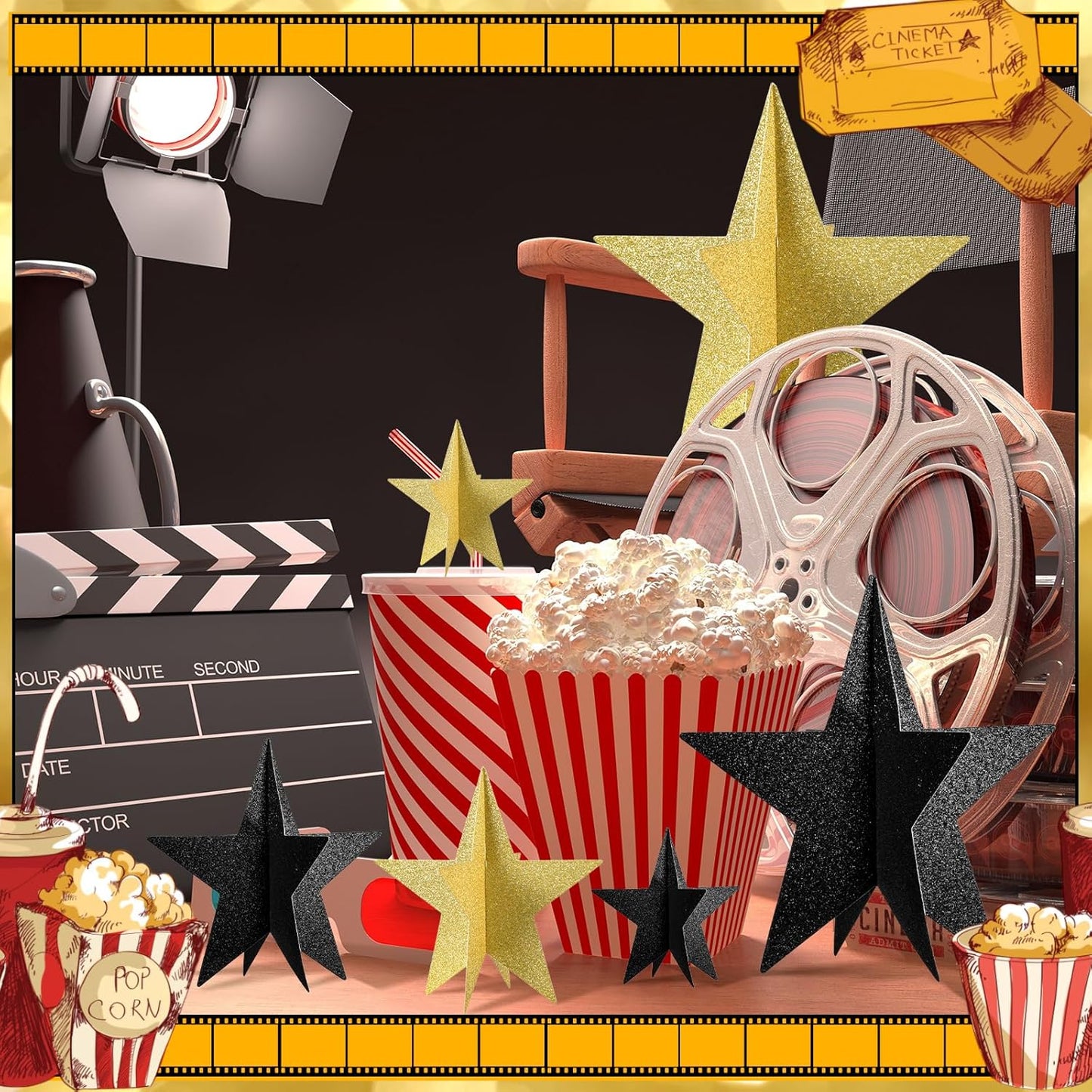 45 Pcs 3D Star Centerpieces Movie Night Decorations for Table in 3 Sizes Hanging Supplies for Red Carpet Film Show Theme Birthday New Year Party First Day of School Table Decor(Black and Gold)