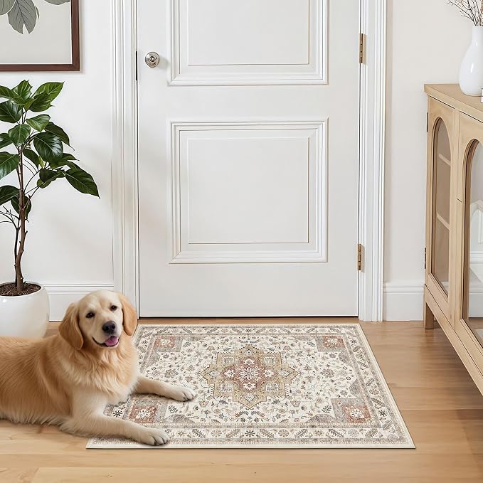 Vintage Living Room Area Rug 3x5 - Large Soft Washable Oriental Traditional Distressed Farmhouse Rugs for Bedroom - Indoor Floor Accent Carpet for Home Office House Decor - Golden Taupe