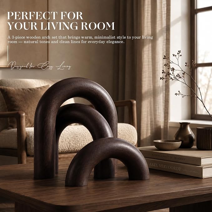 EOSAHR Acacia Wooden Arch Decor Set for Home Decor - 3-Piece Decorative Arch for Coffee Tables, Side Tables & TV Consoles - Decorative Objects & Shelf Decorations for House Aesthetic (Dark Acacia)