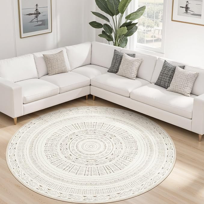 cotiled 6x6 Round Area Rugs Living Room Rug: Washable Boho Rugs with Non Slip Backing Large Soft Indoor Stain Resistant Carpet for Bedroom Farmhouse Dining Room Lightweight Home Decor L Brown/Cream