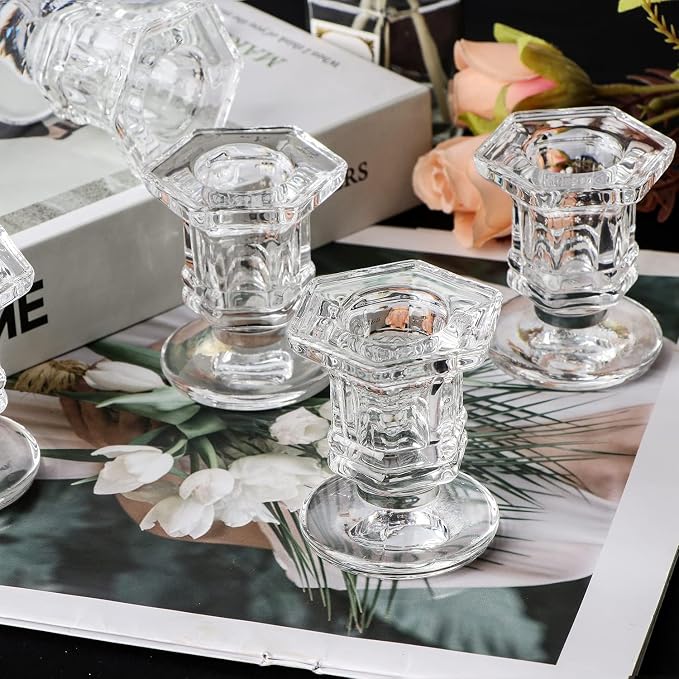 Lanttu 12 Pcs Clear Candlestick Holders Bulk Glass Candle Holders Set Clear | Crystal Taper Candle Holder for Wedding, Table Centerpiece, Home Decoration