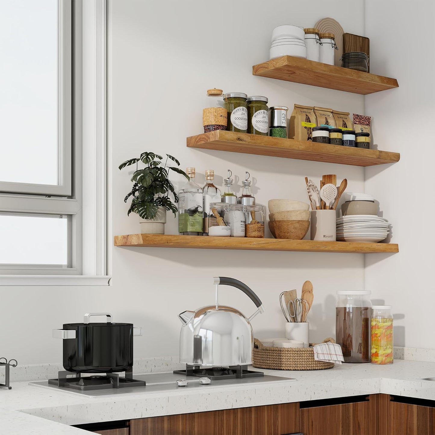 Axeman 72 inch Extra Long Floating Shelves for Wall - 8'' D Live Edge Rustic Solid Elm Wood Floating Shelves Wall Mounted, Wall Shelves with Invisible Bracket for Living Room Bedroom Kitchen, Natural