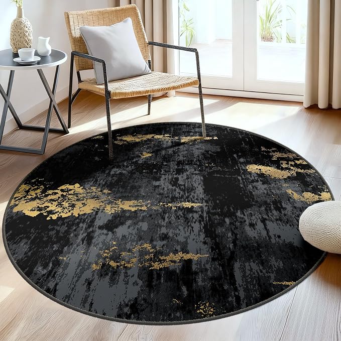 RELEANY Washable Area Rugs 6ft Non-Slip Modern Abstract Soft for Living Room Entryway Bedroom Kitchen, Print Pattern, Dark Black Gold