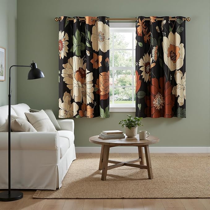 jinchan Lora Floral Curtains for Bedroom Blackout Drapes for Living Room Darkening Fabric Vintage Black Boho Flower Pattern Fall Decor Window Curtains 63 Inches Length 2 Panels with Grommet