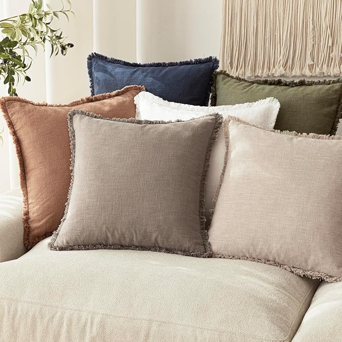 Foindtower Set of 2 Decorative Linen Fringe Throw Pillow Covers Boho Farmhouse Cushion Cover with Tassels Soft Accent Pillowcase for Couch Chair Sofa Bed Living Room Home Decor,24×24 Inch,Brown Tan