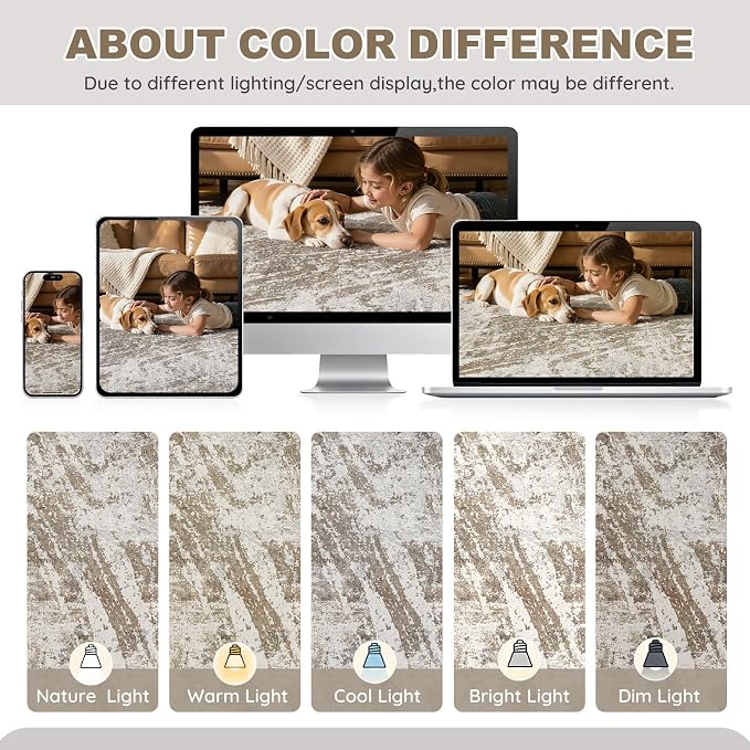 DMOYEST 10x12 Washable Area Rug: Abstract Modern Non-Slip Carpet, Soft Low Pile Indoor Neutral Easy Clean Floor Rugs for Living Room Bedroom Dining Room Kids & Pets - Brown