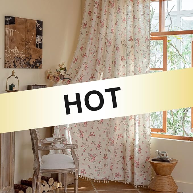 OYX Pink Floral Curtains 96 Inch Long 2 Panels, French Vintage Farmhouse Patterned Decor Window Drapes with Tassels, Light Filtering Semi-Sheer for Bedroom Living Room,Rod Pocket, 52W x 96L