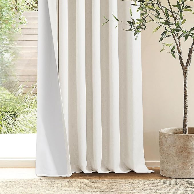 Natural Linen 63 Inch Length Blackout Curtains Pinch Pleated Drapes Back Tab Farmhouse 100% Black Out Short Room Darkening Pinch Pleat Curtains with Hooks Rings for Small Window Bedroom Cream