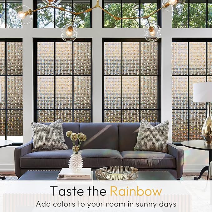 rabbitgoo Window Privacy Film, Mosaic Stained Glass, Brown 17.5" x 157.4" | Rainbow Decorative Removable Static Cling Tint, UV Blocking Reduce Heat, Non-Adhesive Privacy Covering for Home, Office