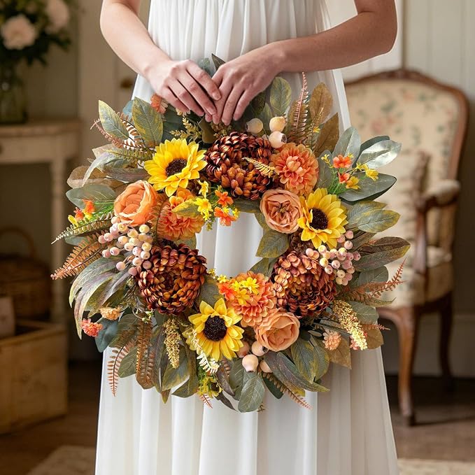 WANNA-CUL 24 Inch Sunflower Fall Front Door Wreath Farmhouse Harvest Decor | Autumn Wreath with Roses Dahlias Pinecones Berries Indoor Outdoor Boho Wall Mantel Table Centerpiece Thanksgiving Decorations