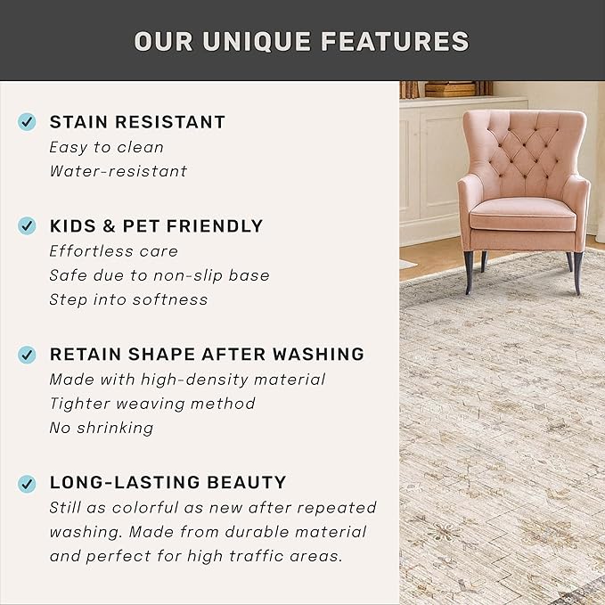 Beige Cream 2x10 Long Hallway Runner Rug, Non Slip Farmhouse Kitchen Rugs Washable, Geometric Floral Modern Entryway Floor Mats, Non Skid with Rubber Backing, Low Pile & Soft Carpet