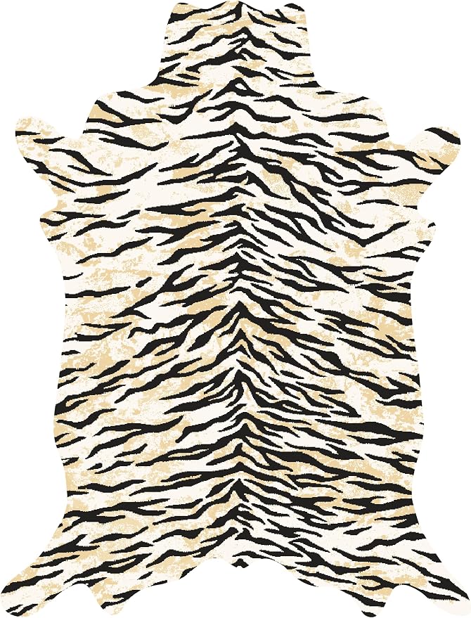 Tiger Print Rug, Animal Rug 5.2x7 Faux Animal Print Tiger Area Rug for Bedroom Animal Fur Hide Irregular Shaped Cream and Black