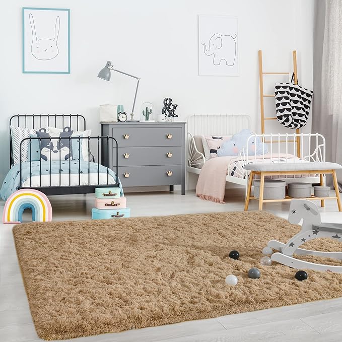Ompaa Fluffy Rug, Super Soft Fuzzy Area Rugs for Bedroom Living Room - 6' x 9' Large Plush Furry Shag Rug - Kids Playroom Nursery Classroom Dining Room Decor Floor Carpet, Beige
