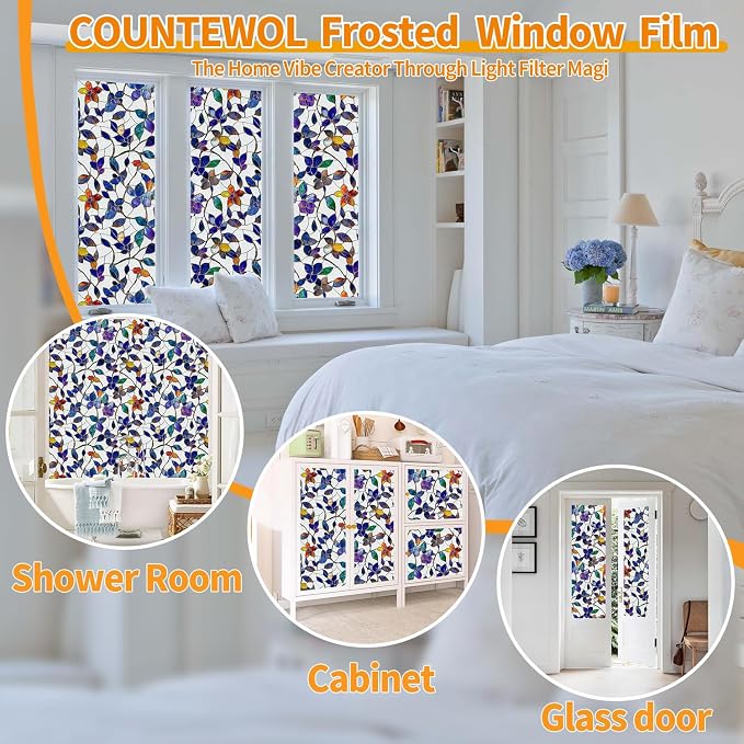 COUNTEWOL Window Privacy Film with Installation Tools Home Decorative Colored Glass Window Stickers Reusable electrostatic Rainbow Stickers (Frosted Stained Leaf, 45.2 x 78.7 in)