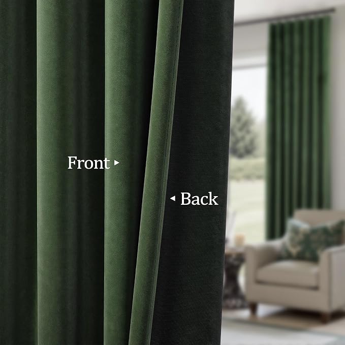Olive Green Velvet Curtains 96 Inch Long 2 Panel for Bedroom Light Blocking Thermal Soundproof Privacy Drape Dark Academia Emerald Green Curtain for Living Room Vintage Retro Mid Century Modern Decor