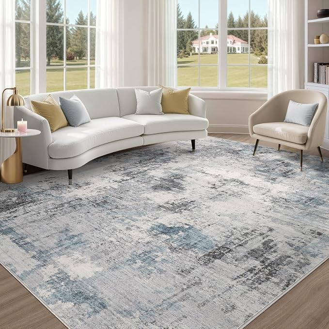 Abstract 5x8 Area Rug: Machine Washable Non Slip Ultra Thin Low-Pile Carpet, Soft Stain Resistant for Living Room Bedroom Nursery, Kid Pet Friendly, Robot Vacuum Compatible - Grey Blue