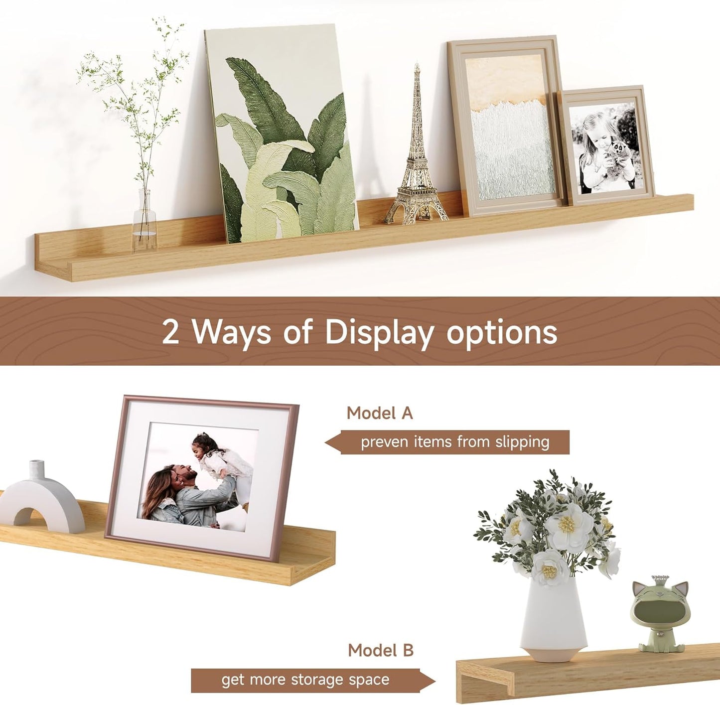 Picture Ledge Shelf for Wall, Floating Shelves Set of 4, 36 Inch Long Nursery Book Shelves for Toys Storage, Kids Bookshelf Wall Mounted for Books Photo Frames, Oak