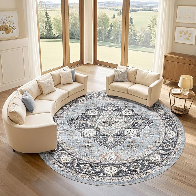 Round Rug Living Room Rugs: 10x10 Washable Boho Neutral Large Circle Soft Indoor Distressed Stain Resistant Floor Farmhouse Carpet for Bedroom Nursery Kids Playroom Office Dining Room Dorm- Blue Tan
