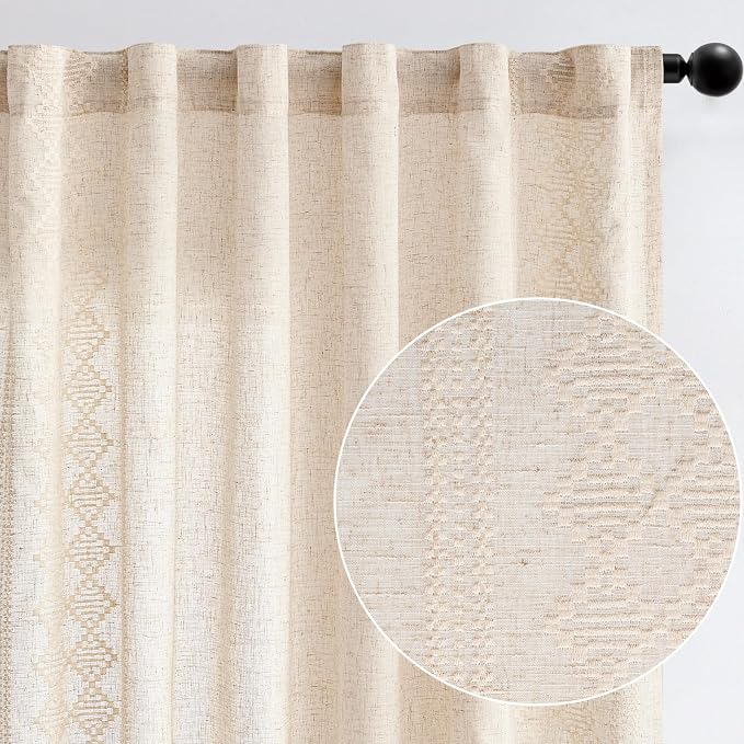 jinchan Boho Curtains Linen Blend Ivory Farmhouse Curtains 63 Inches Long for Living Room Square Embroidered Bordered Back Tab Living Room Window Light Filtering Bohemian Drapes 2 Panels