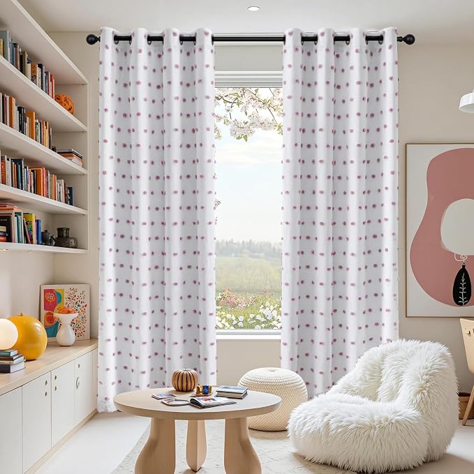 MEETSKY 100% Blackout Curtains for Girls Bedroom 84 Inch Length 2 Panels,Total Light Blocking White and Purple Curtains for Kids Room,Grommet Room Darkening Window Drapes with Pom Pom Sheer 52W x 84L