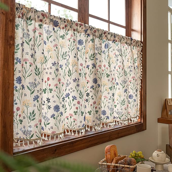 Deeprove Boho Valance Curtain 18 Inch with Tassels Cute Floral Herb Print Kitchen Window Sheer Short for Living Room Cafe Closet Farmhouse Chic Vintage Country Style Drape Decor 1 Panel 52W x 18L