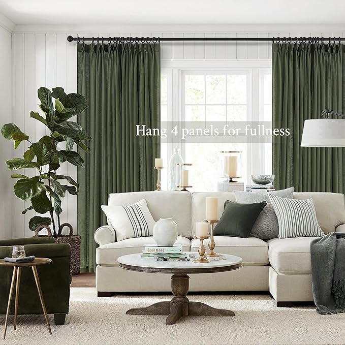 Topfinel 102 Inch Pinch Pleated Linen Curtains 2 Panels,Olive Green Semi Sheer Curtains with Pleated Hooks Back Tab for Track System,Extra Long 9ft Curtain for Living Room Bedroom,72x102