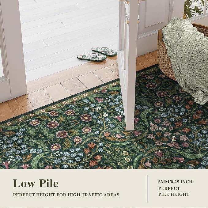 2x6 Machine Washable Runner Rug, Kitchen Hallway Area Rug Green Vintage Boho Floral Non-Slip Low Pile Soft Faux Wool Carpet Kids and Pets Friendly for Bedroom Entryway Nursery Home Decor Rug
