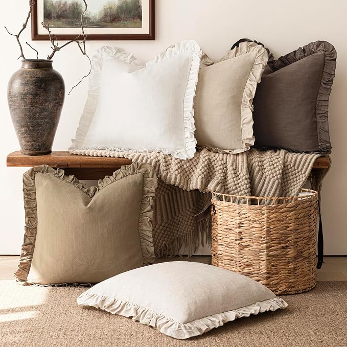 Foindtower Set of 2 Decorative Soild Fringe Ruffle Throw Pillow Covers Soft Boho Farmhouse Cushion Cover Cozy Accent Retro Pillowcase for Couch Sofa Bed Living Room Home Decor,22×22 Inch,Light Brown