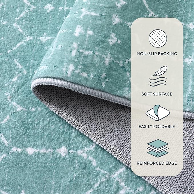 Lahome Moroccan Washable Runner Rug 2x8 Green Non-Slip Rug Runner for Hallway Stain Resisitant Kitchen Carpet, Geometric Print Distressed Soft Untra-Thin Floor Carpet for Kitchen Bedroom Entryway Hana