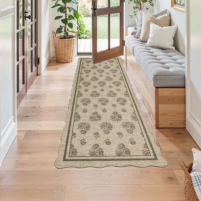 ORTIGIA Scalloped Easy Jute 2x6 Kitchen Runner Rug Vintage Brown Floral Accent Farmhouse Washable Rug Non-Slip Outdoor Carpet for Entryway Indoor Hallway Patio Laundry Room