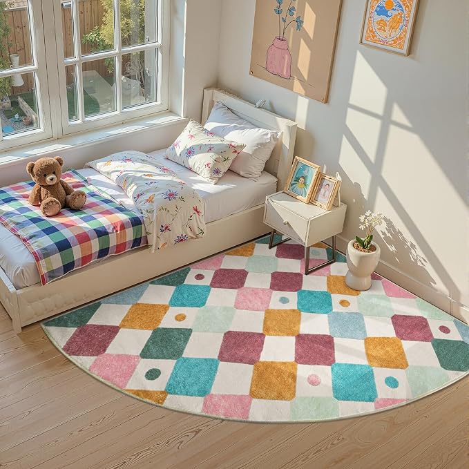 jinchan Macy Kids Rug for Nursery 6ft Radius Corner Washable Area Rug Modern Colorful Quarter Circle Rug Soft Non-Slip Carpet for Bedroom Playroom Daycare Reading Nook Classroom Confetti on Cream