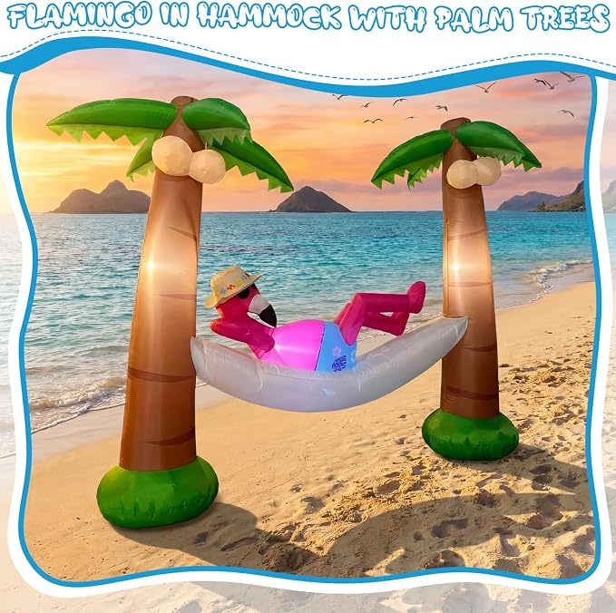 Summer Inflatable Outdoor Decor Flamingo in Hammock with Palm Trees 5 ft LED Lighted Inflatable Palm Trees Blow up Flamingo for Luau Hawaiian Tropical Jungle Party Pool Beach Yard Lawn Decoration