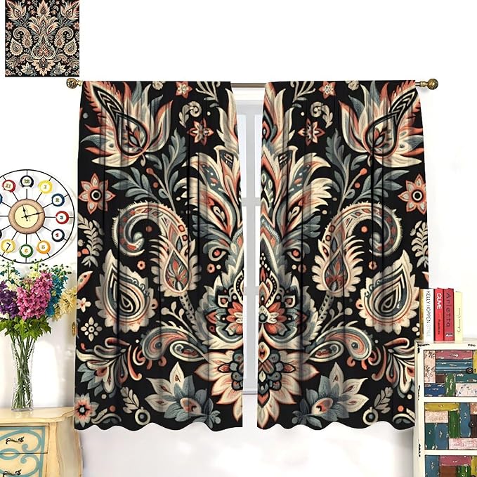 Vintage Floral Blackout Curtains, Bohemian-Style Natural Botanical Paisley Pattern Window Treatments for Bedrooms, Living Rooms, and Offices63X72 Inch