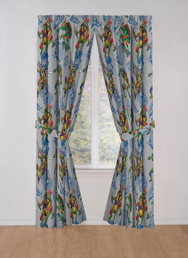 Jay Franco Window Curtains for Kids Bedroom 4-Piece Drape Set with 2 Tiebacks, Grey - Teenage Mutant Ninja Turtles, 42" W x 84" L (Pack of 2)