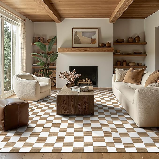 jinchan 8x10 Brown Checkered Area Rugs for Kids Room - Machine Washable Rug Modern Neutral Geometric Lattice Soft Non-Slip Carpet for Nursery Playroom Classroom Living Room Bedroom Dining Room
