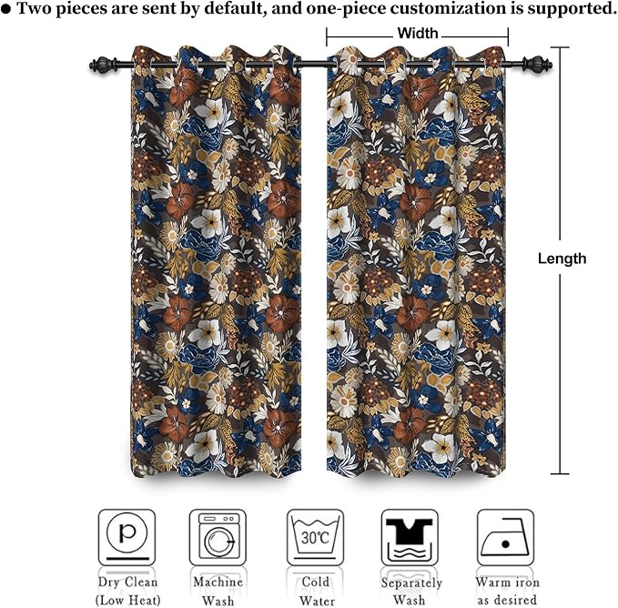 Renaiss Bohemian Floral Blackout Curtains, Blue Brown White Flower Thermal Insulated Bedroom Window Curtains, Boho Style Patterned Window Curtains for Kitchen, 45" L x 29" W 2 Panel Set
