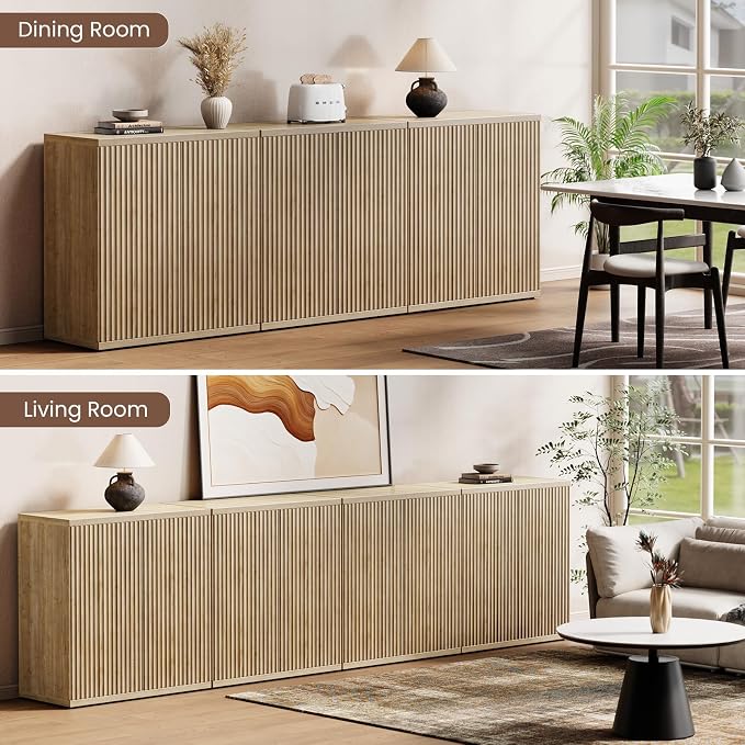 Fluted Buffet Cabinet Sideboard with Storage, Wooden Credenza with 2 Doors & Adjustable Shelf, Modern 15" Deep Accent Cabinet for Living Room, Kitchen Dining Room Entryway,Natural Oak