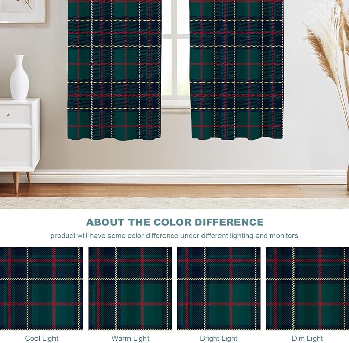 Shrahala Tartan Plaid Blackout Window Curtains, Green Scottish Fabric Kilt Twill Woven Thermal Insulated Curtains Grommet Top Window Drapes for Living Room, Bedroom (2 Panels,52 x 63 in)