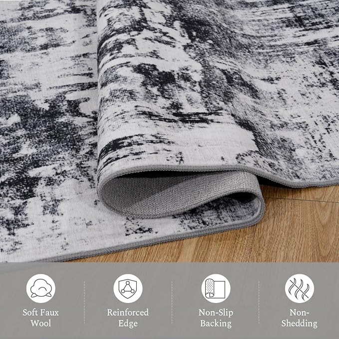 Rugflix 2x8 Runner Rug for Entryway, Kitchen Rugs Soft Non-Slip Washable Runners for Hallway, Abstract Small Carpet with Non-Slip Backing for Bedroom, Living Room, Black Grey