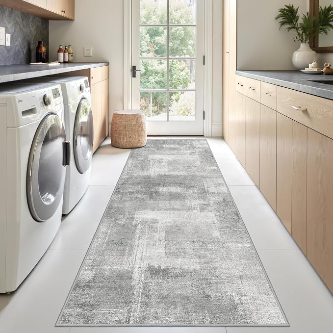 zesthome Washable Runner Rug 2x6, Runners for Hallways, Non Slip Kitchen Runner Rugs, Soft Abstract Entryway Runners, Ultra-Thin Stain Resistant Rug for Bedside, Laundry, Corridor (Grey/Ivory, 2'x6')