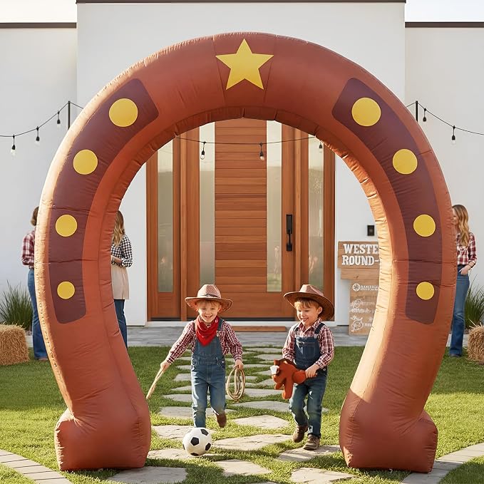 Seenelling 9 ft Western Party Giant Inflatable Archway Decoration, Cowboy Horseshoe Arch Built-in LED Lights for Western Themed Party Birthday Indoor Outdoor Supplies