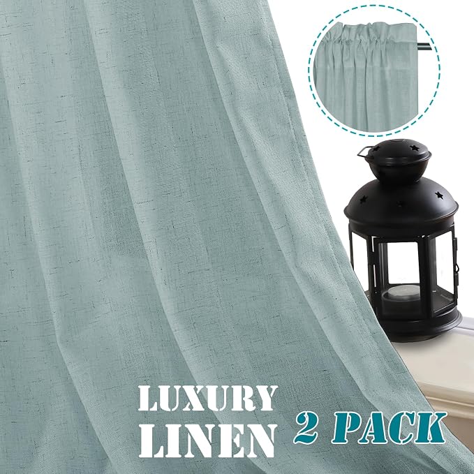 H.VERSAILTEX Linen Curtains Elegant Natural Linen Semi Sheer Curtains Energy Light Filtering Rod Pocket Window Treatments Panels for Living Room (Set of 2, Cloud Blue, 52 inch W X 54 inch L)