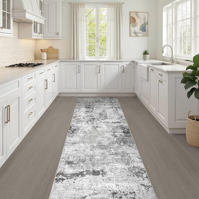 Runner Rug Non-Slip Kitchen Rug: 3x10 Washable Abstract Modern Soft Stain Resistant Indoor Floor Neutral Accent Throw Carpet for Hallway Bathroom Laundry Room Bedroom Entryway- Black Gray