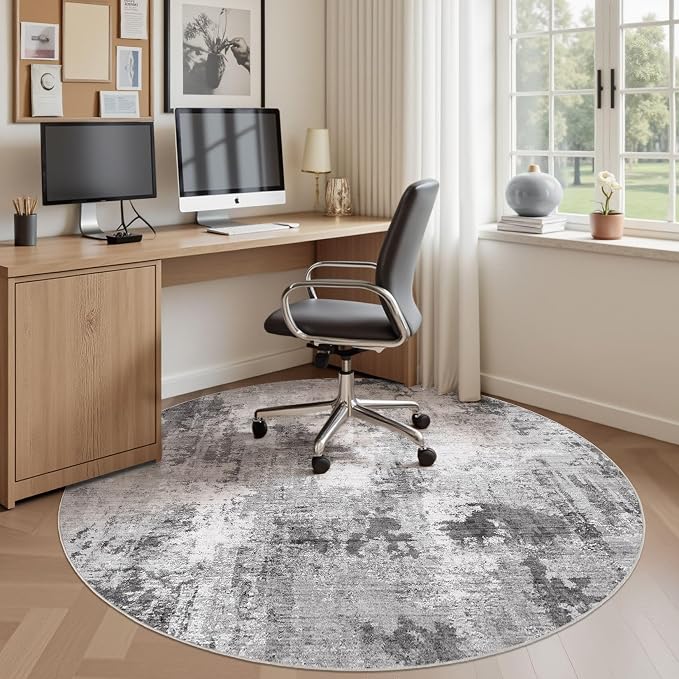 Abstract 5FT Round Rug: Machine Washable Non Slip Ultra Thin Low-Pile Carpet, Soft Stain Resistant for Living Room Bedroom Nursery, Kid Pet Friendly, Robot Vacuum Compatible - Grey