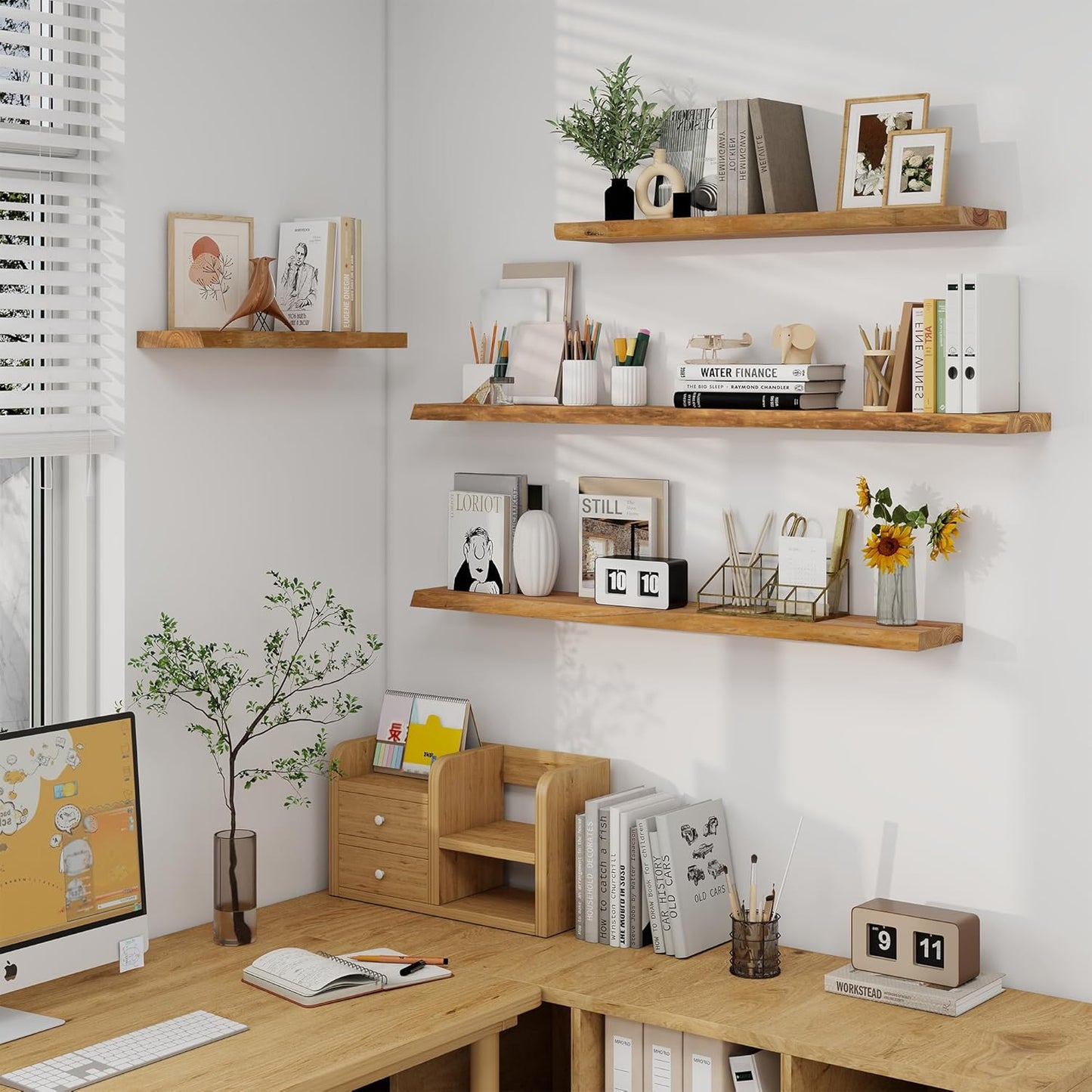 Axeman 55 inch Floating Shelves for Wall - 8'' D Live Edge Rustic Solid Elm Wood Floating Shelves Wall Mounted, Hanging Shelves with Invisible Bracket for Living Room Bedroom Kitchen, Natural