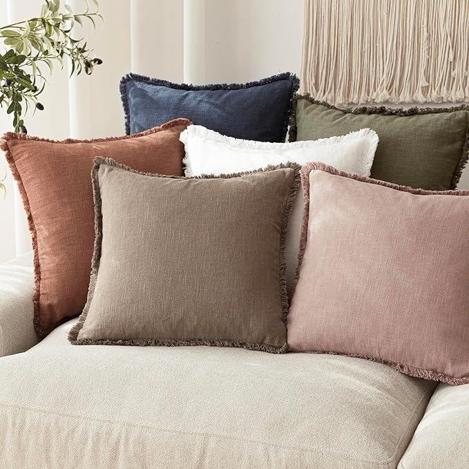 Foindtower Set of 2 Decorative Linen Fringe Throw Pillow Covers Boho Farmhouse Cushion Cover with Tassels Soft Accent Pillowcase for Couch Sofa Bed Living Room Home Decor,24×24 Inch,Dusty Pink
